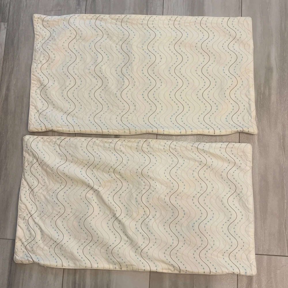 Pair of Cream Rectangle Lumbar Pillows with Blue and Tan Decorative Embroidery